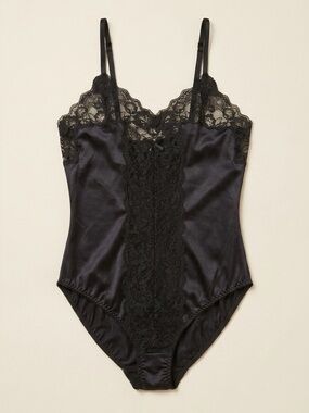Vintage 80s Gigi Black Satin Lace Teddy Bodysuit Small